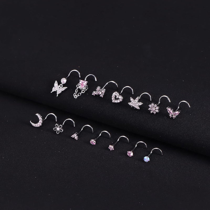 Drperfect Gold Silver Nose Rings Nose Studs for Women Nose Piercings 20G L Shaped Corkscrew Dangle Nose Rings Studs Simulated Diamond Pink CZ Opal Dangling Dangly Hanging Nose Piercing Jewelry with Heart Star Butterfly Flower Cross Moon Charm Cute Dainty Nose Jewelry - Image 2